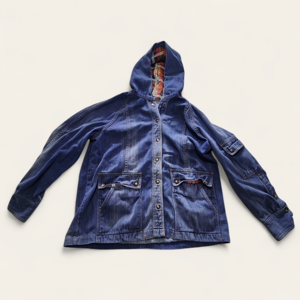 VTG Denim Hooded Jacket Button Up Jean‎ Coat Flannel Lined Hood Casual Outerwear